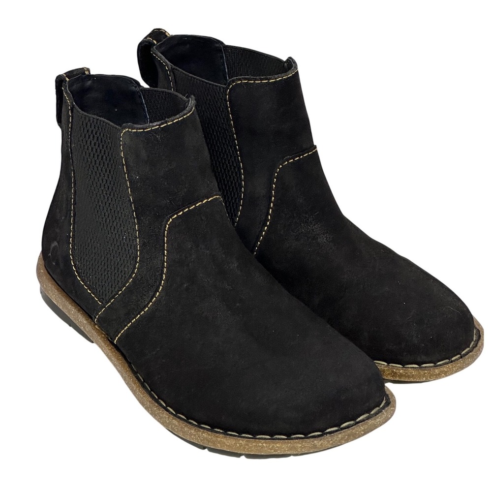 Born Chelsea‎ Boots Black Suede Leather Elastic Gores Contrast Stitching 8 Women